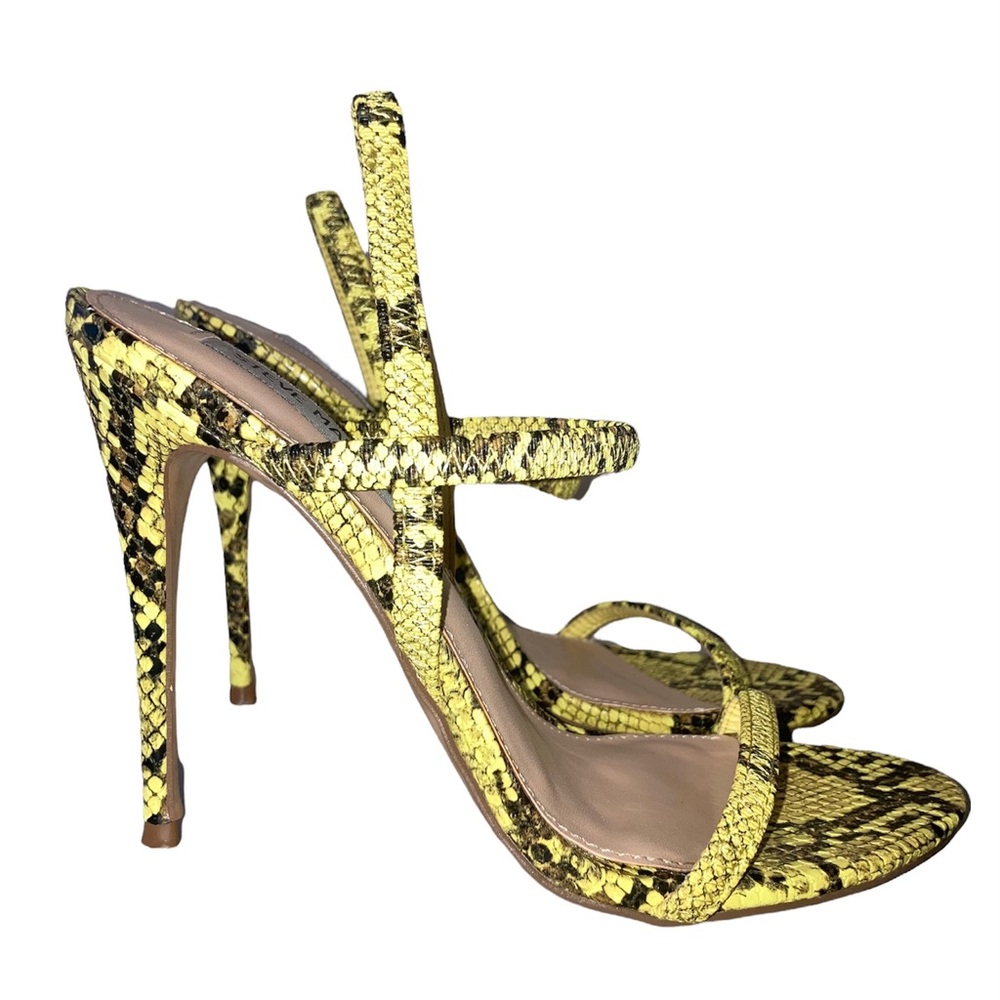 Steve Madden Yellow Snake Print Animal Skin Elastic Strap Stiletto Heel Sandals